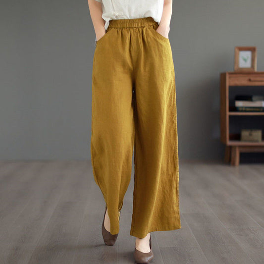 Pantalon Droit Rétro en Lin et Coton Taille Haute