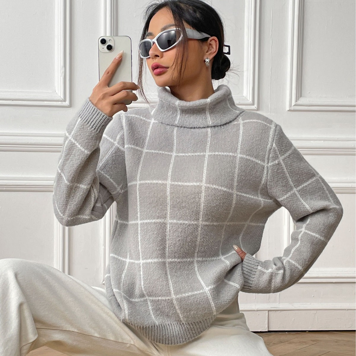 Pull femme à carreaux